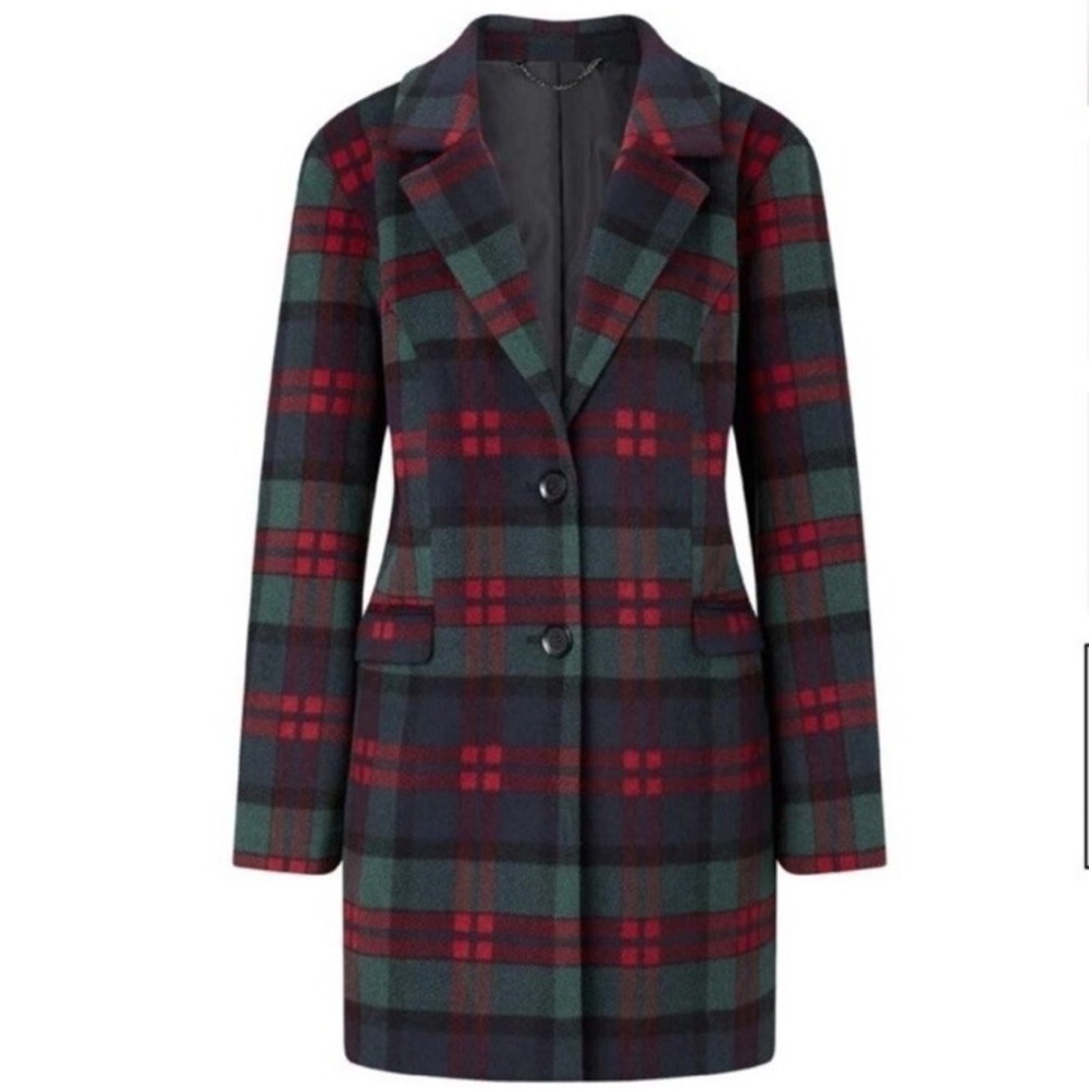 NWT Mainpol Red Green Wool‎ Blend Tartan Plaid Long Coat Overcoat Size XL 14